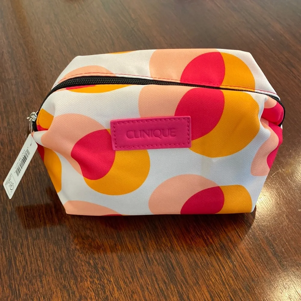 Clinique Pink Orange Cosmetic Travel Toiletry Bag Case Pouch Matching Mirror GWP